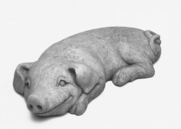 Cement pig statue - Young Piglet lays down with a big smile on face